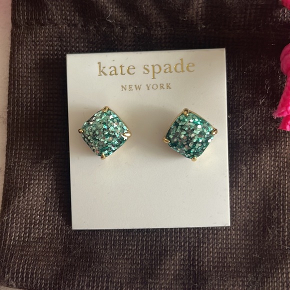 Kate Spade Small Square Studs teal glitter - Picture 2 of 3